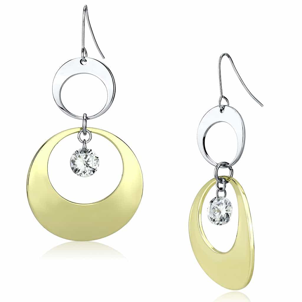 Iron Two Tone Gold Silver Circle Oval CZ Triple Drop Earrings view 1