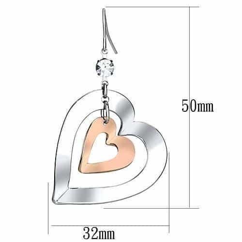 Iron Two Tone Silver Rose Gold Double Heart CZ Drop Earrings view 2