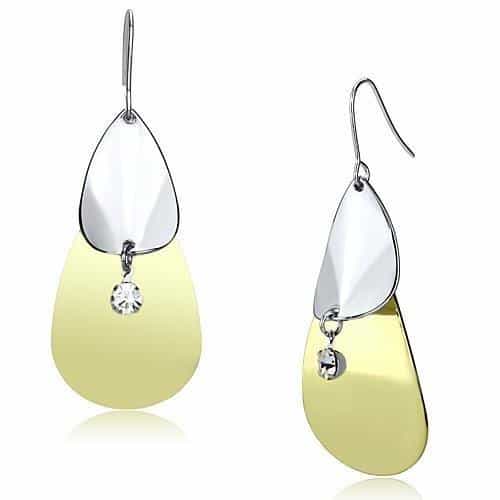 Iron Two Tone Gold Silver Teardrop CZ Double Drop Earrings view 1