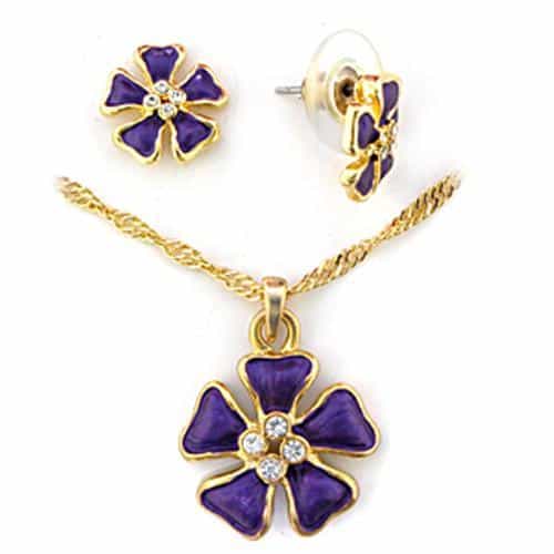 Brass Gold Purple Enamel Flower Stud Pendant Necklace Set view 1