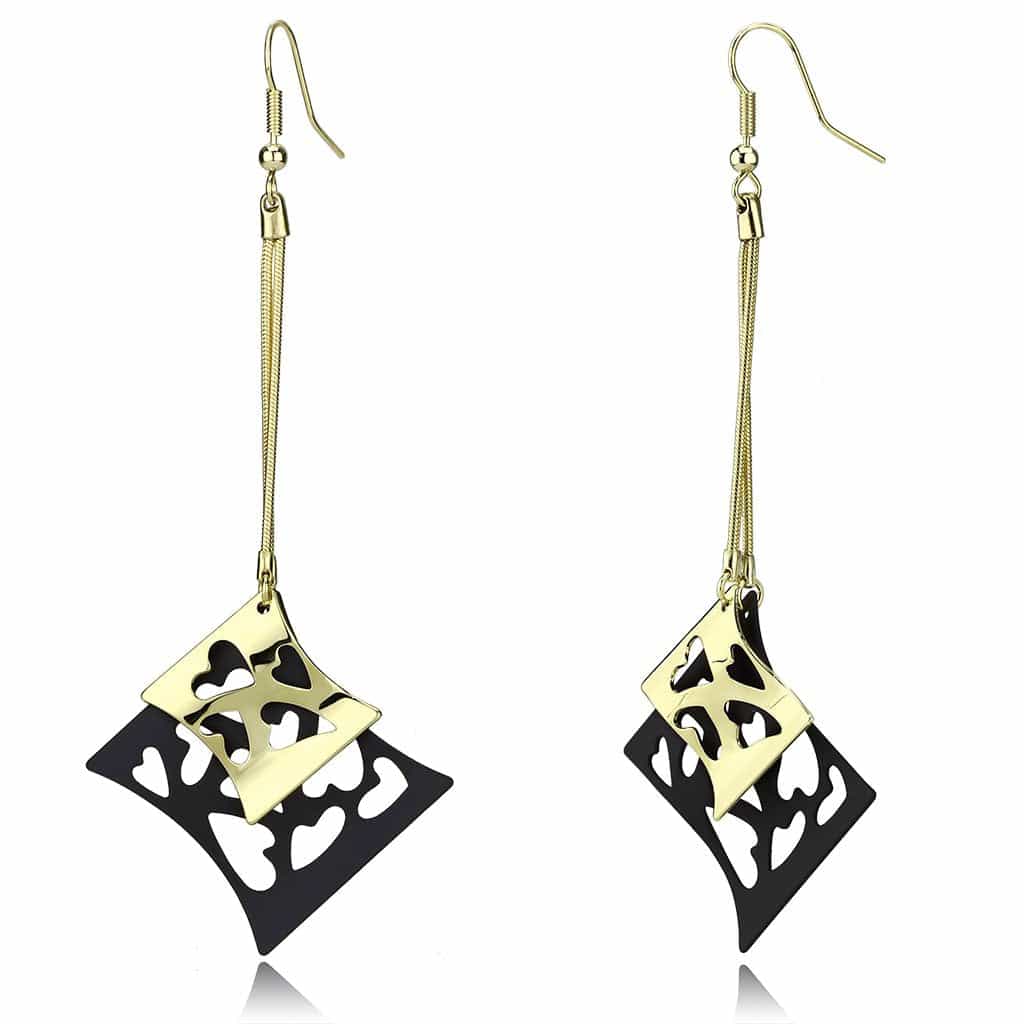 Iron Gold Black Filigree Scroll Diamond Square CZ Drop Earrings view 1