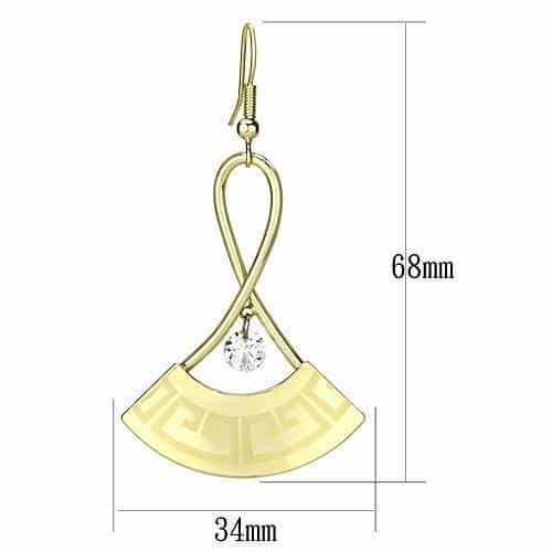 Iron Gold Greek Key Fan CZ Drop Earrings | The Stainless Jewelry view 2