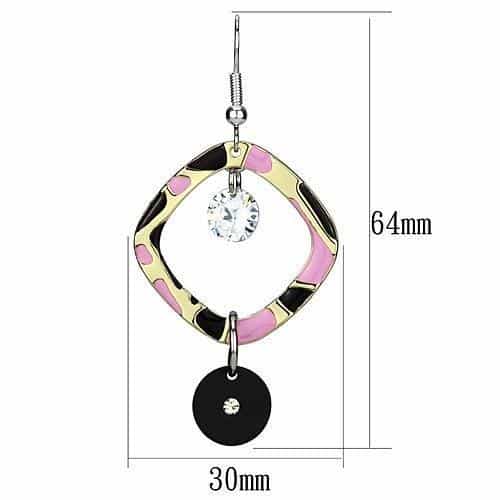 Iron Silver Pink Enamel Abstract Diamond CZ Black Disc Earrings view 2