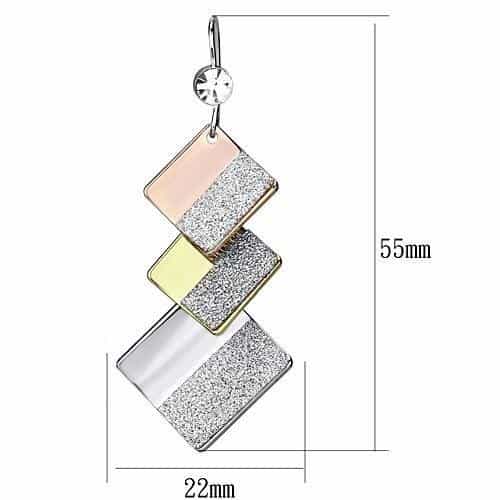 Iron Tri Tone Rose Gold Silver Glitter Geometric Square Earrings view 2