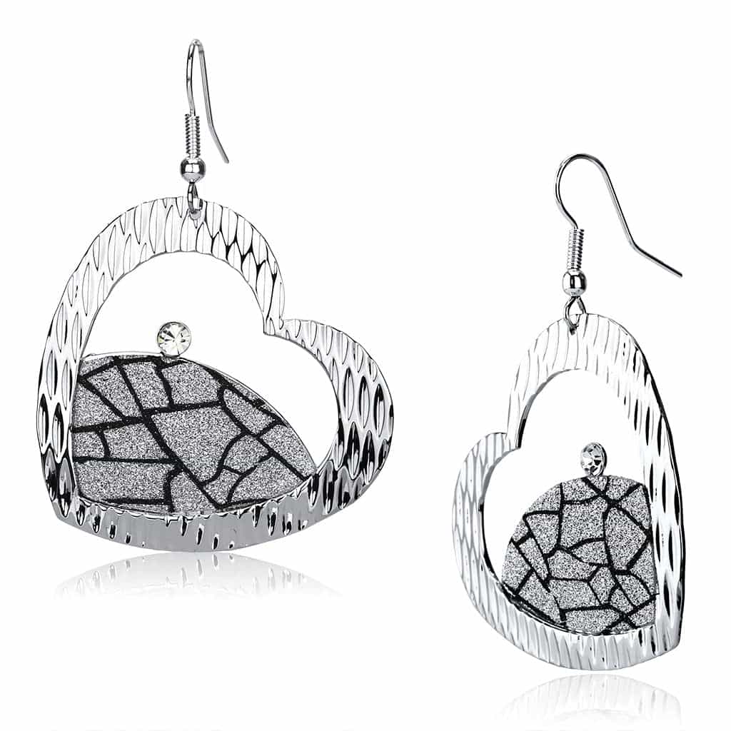 Iron Silver Glitter Mosaic Crackle Heart Swan Drop Earrings view 1