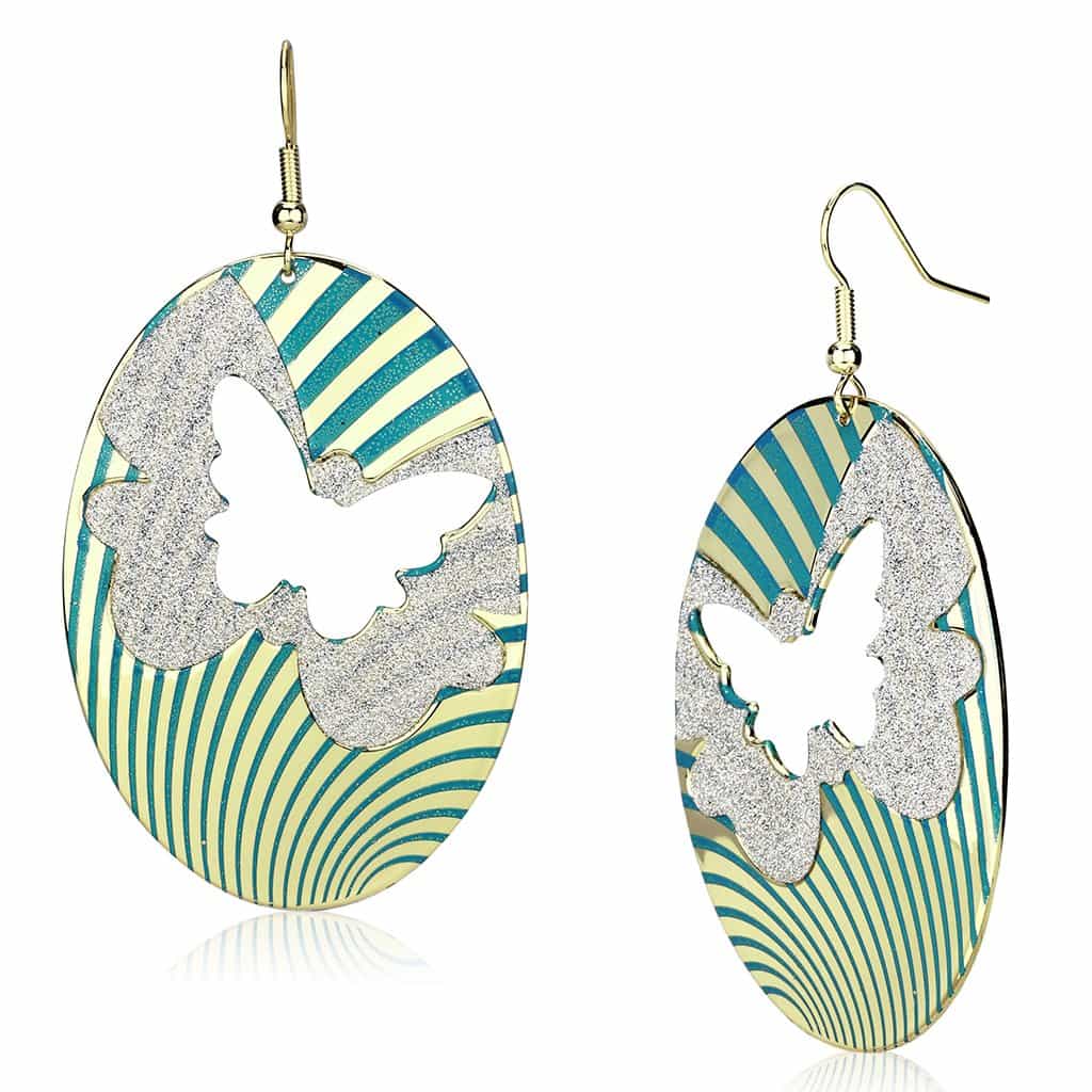 Iron Gold Green Striped Glitter Butterfly Cutout Oval Earrings view 1