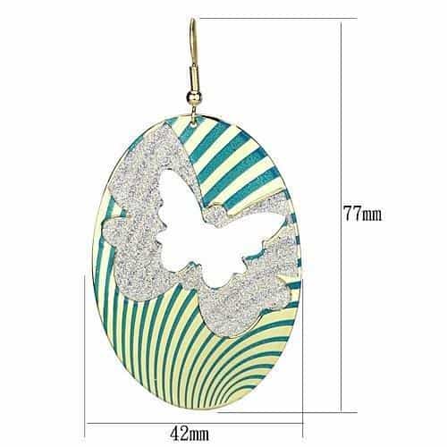 Iron Gold Green Striped Glitter Butterfly Cutout Oval Earrings view 2