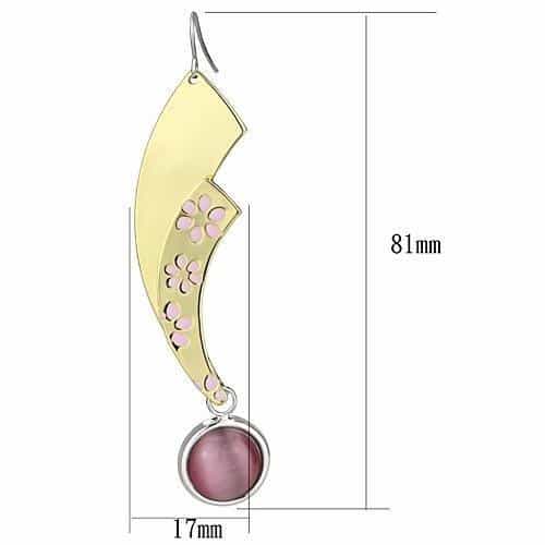 Iron Gold Pink Flower Cherry Blossom Curved Purple Bead Earrings view 2