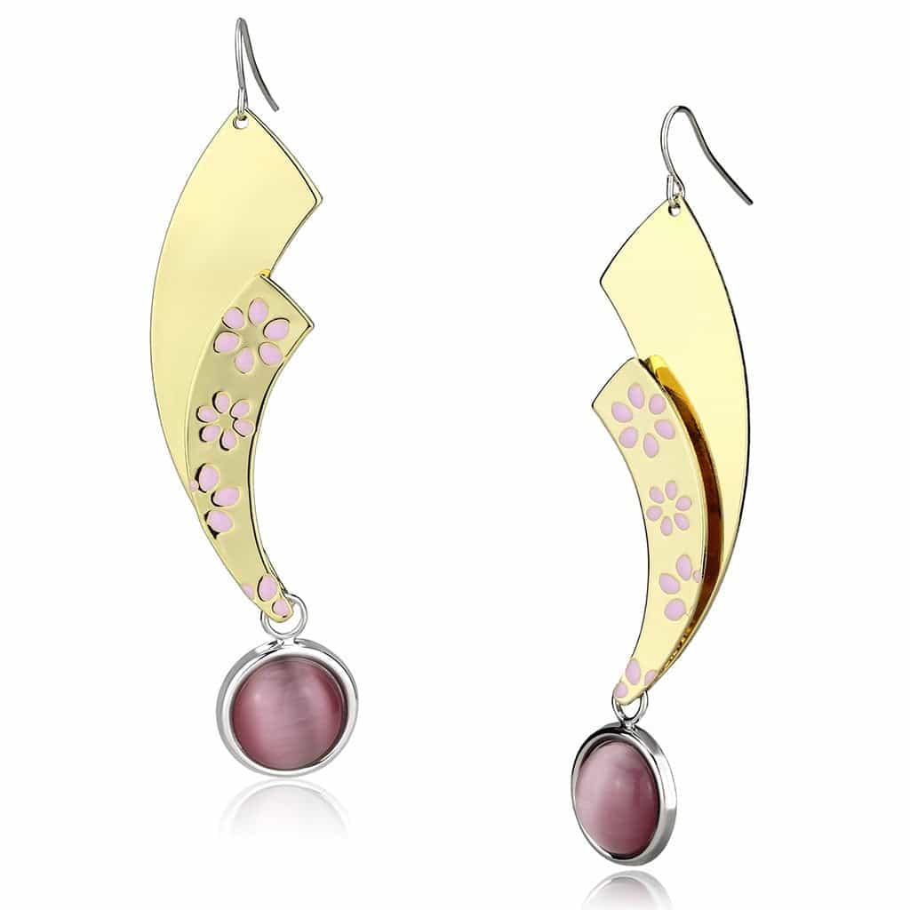 Iron Gold Pink Flower Cherry Blossom Curved Purple Bead Earrings view 1