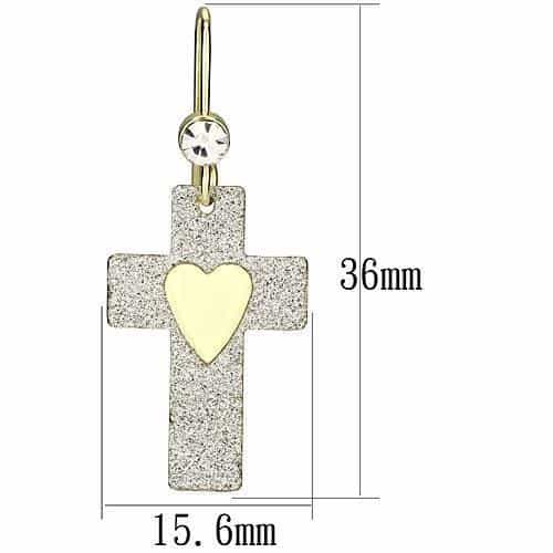Iron Gold Glitter Heart Cross CZ Drop Earrings view 2