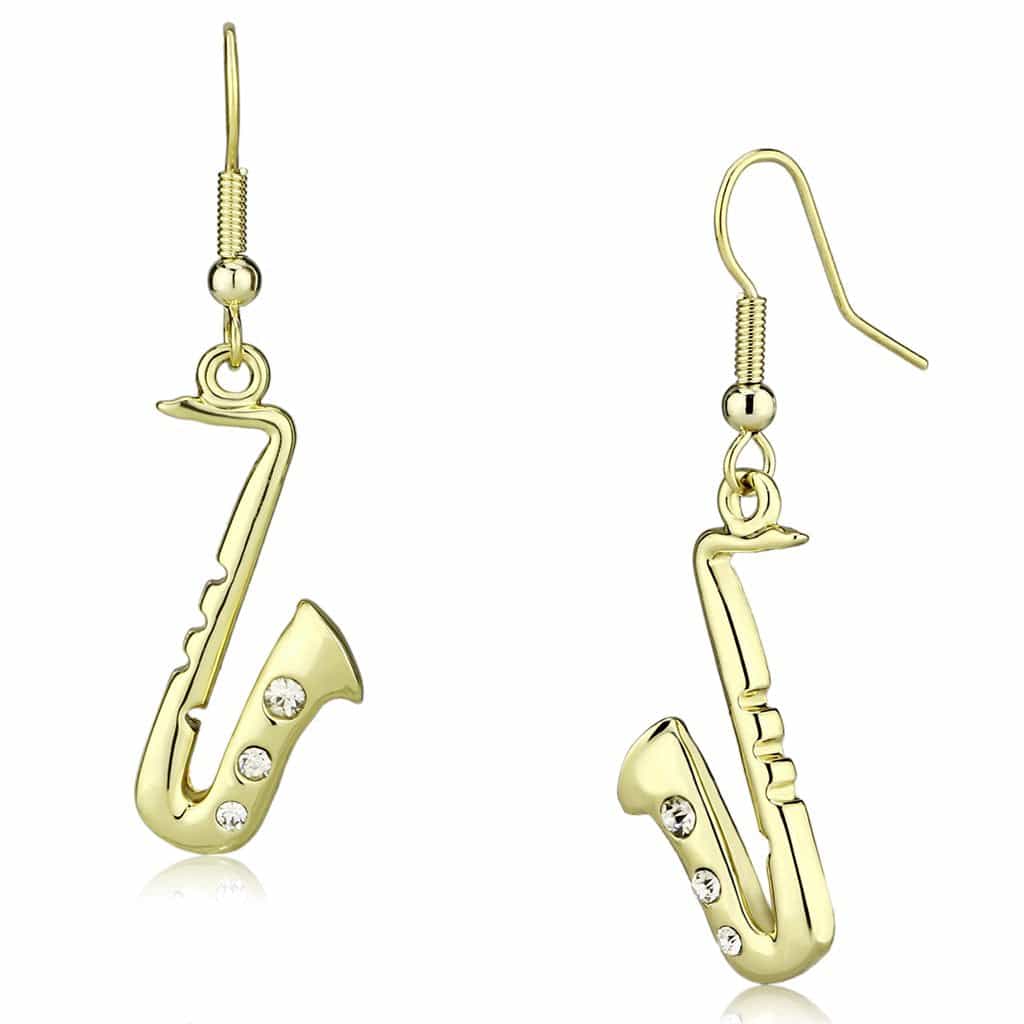 Iron Gold CZ Saxophone Musical Instrument Drop Earrings view 1