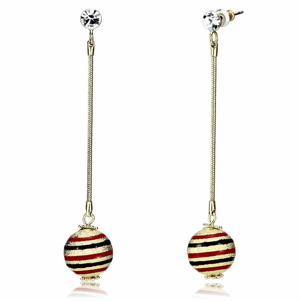 Iron Gold Red Striped Enamel Ball Chain Thread Drop Earrings view 1
