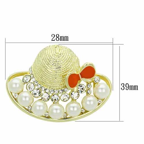 Brass Gold Pearl CZ Sun Hat Bow Brooch | The Stainless Jewelry view 2