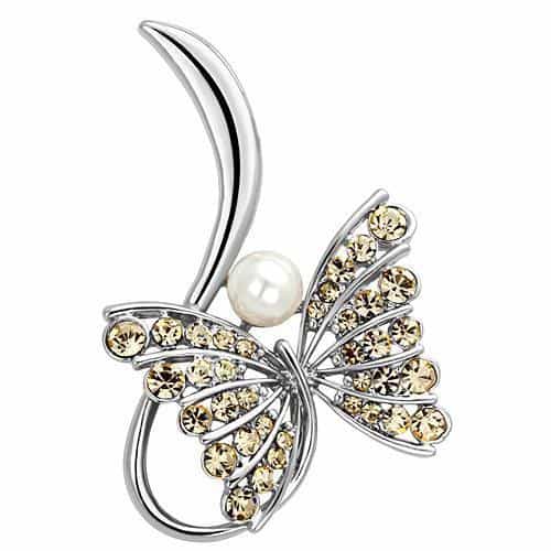 Brass Silver Champagne Crystal Pearl Butterfly Brooch view 1