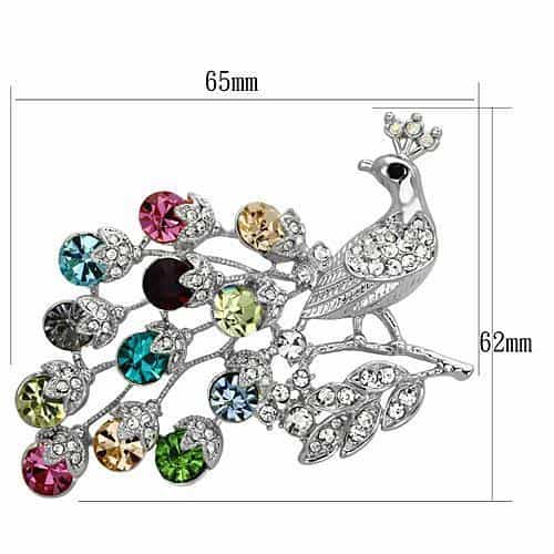 Brass Silver Multi Color Crystal Peacock Brooch view 2