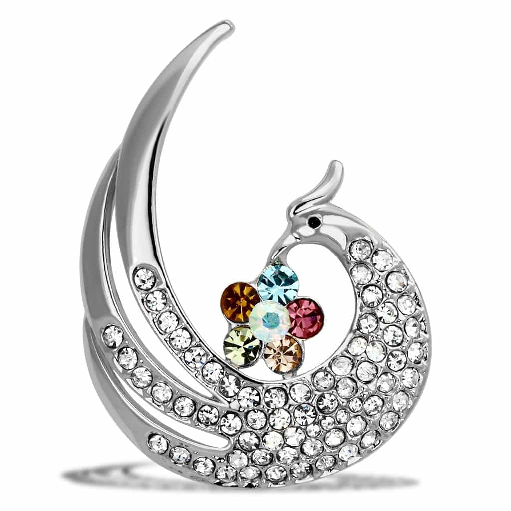 Brass Silver Multi Color Crystal Pave Swirl Swan Brooch view 1