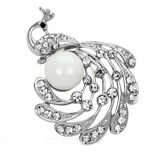 Brass Silver Pearl CZ Peacock Feather Swirl Brooch view 1