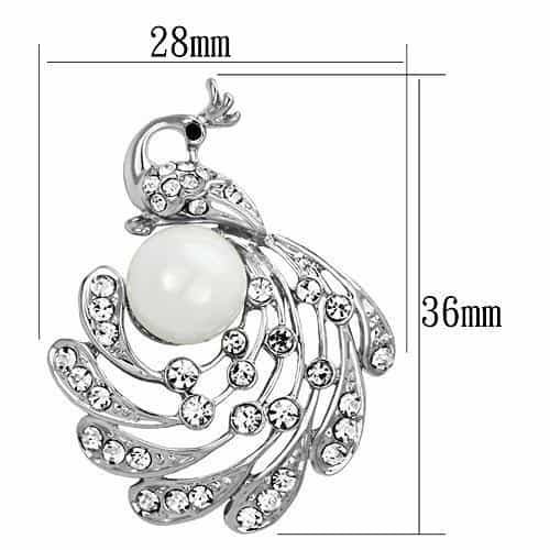 Brass Silver Pearl CZ Peacock Feather Swirl Brooch view 2