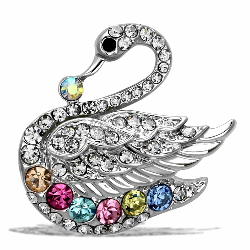 Brass Silver Multi Color Crystal Swan Brooch view 1