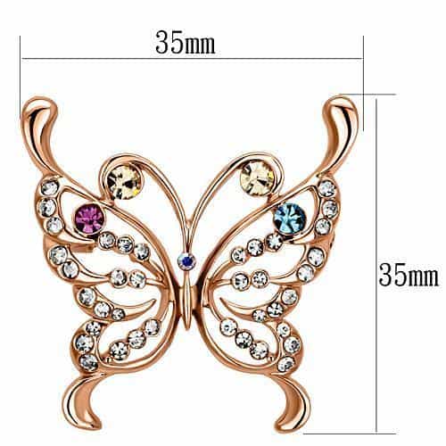 Brass Rose Gold Multi Color Crystal Open Wing Butterfly Brooch view 2