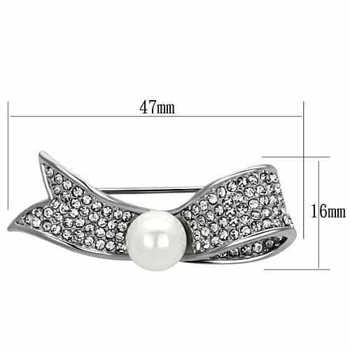 Brass Silver Pearl CZ Pave Ribbon Bow Brooch view 2
