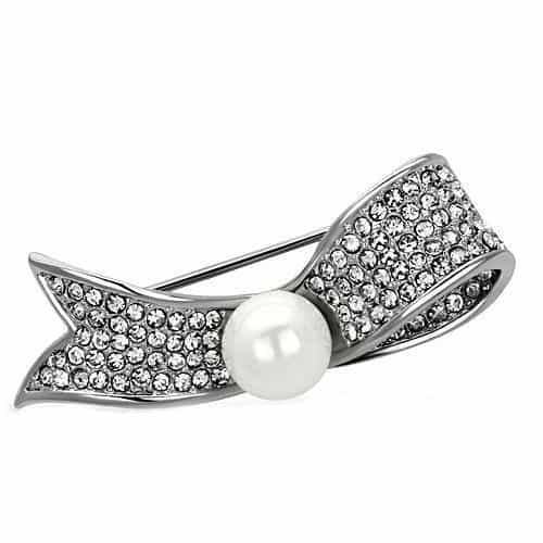 Brass Silver Pearl CZ Pave Ribbon Bow Brooch view 1