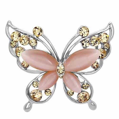 Brass Silver Pink Opal Champagne Crystal Butterfly Brooch view 1