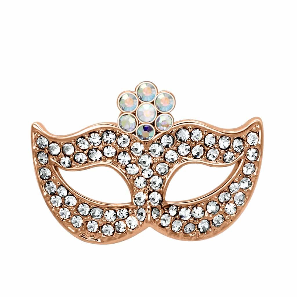 Brass Rose Gold Aurora Borealis CZ Masquerade Mask Brooch view 1