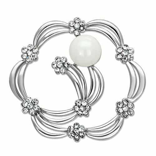 Brass Silver Pearl Crystal Flower Wreath Circle Brooch view 1