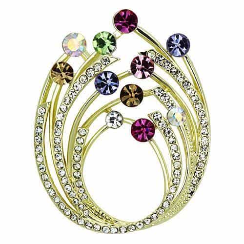 Brass Gold Multi Color Crystal Peacock Oval Swirl Brooch view 1