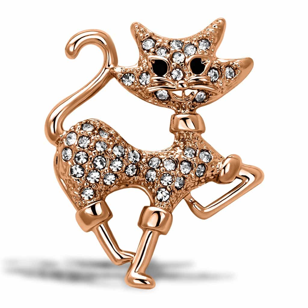 Brass Rose Gold Crystal Pave Double Cat Kitten Brooch view 1