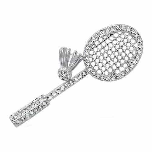 Brass Silver CZ Pave Tennis Racket Badminton Brooch view 1