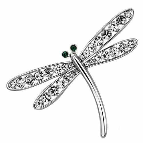 Brass Silver Green Eye CZ Pave Dragonfly Brooch view 1