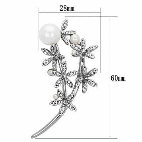 Brass Silver Pearl CZ Pave Triple Daisy Flower Stem Brooch view 2
