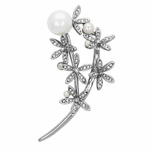 Brass Silver Pearl CZ Pave Triple Daisy Flower Stem Brooch view 1