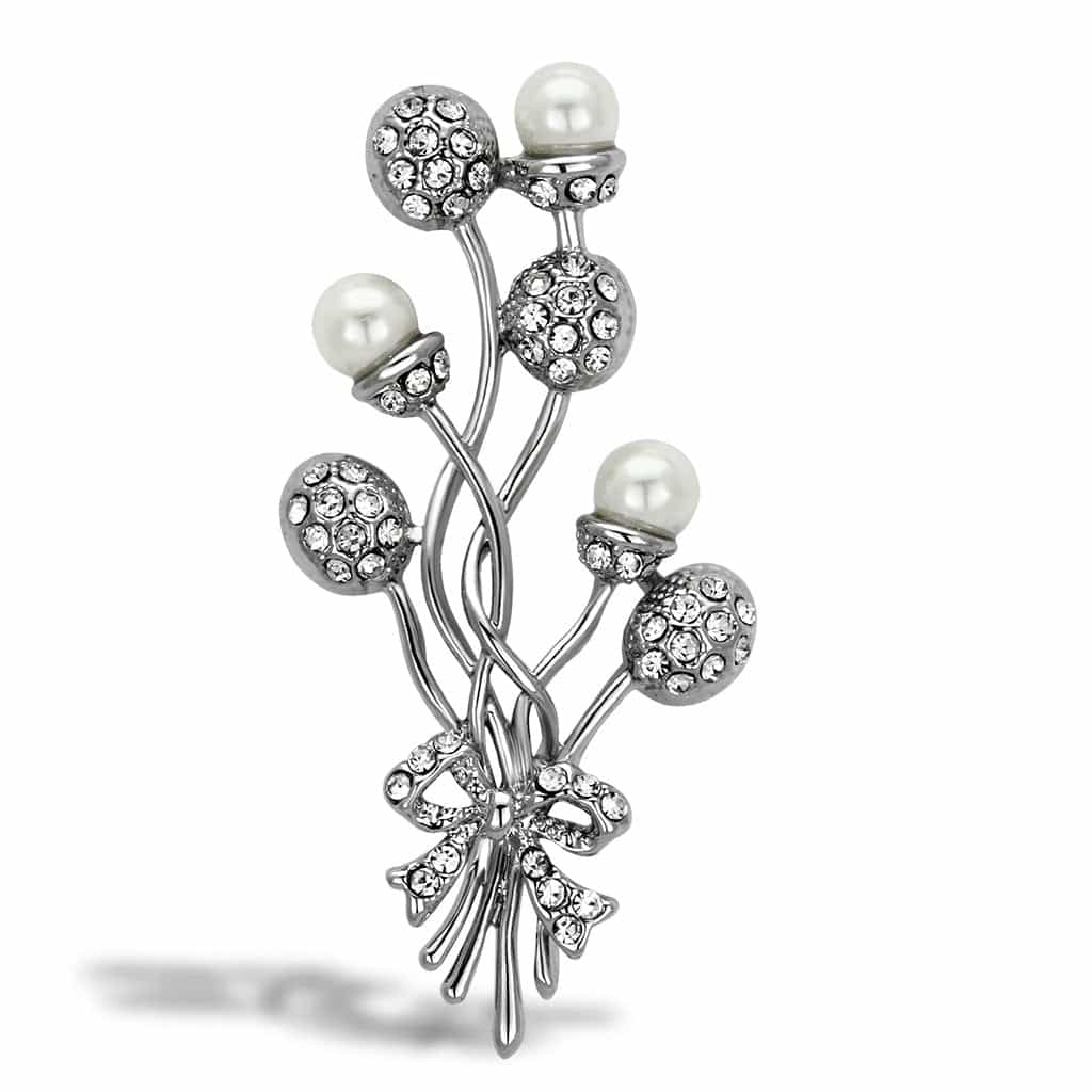 Brass Silver Pearl CZ Pave Flower Vine Bouquet Brooch view 1