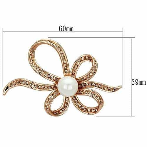 Brass Rose Gold Pearl Champagne CZ Ribbon Bow Flower Brooch view 2
