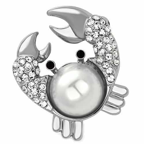 Brass Silver Pearl Crystal Pave Crab Brooch view 1