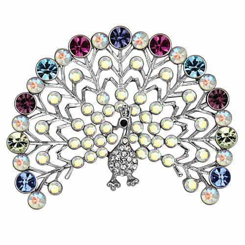 Brass Silver Multi Color Aurora Borealis Crystal Peacock Fan Ring view 1