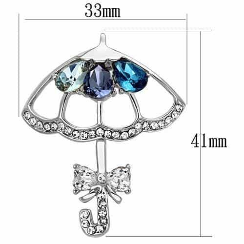 Brass Silver Blue Crystal CZ Pave Umbrella Parasol Brooch view 2