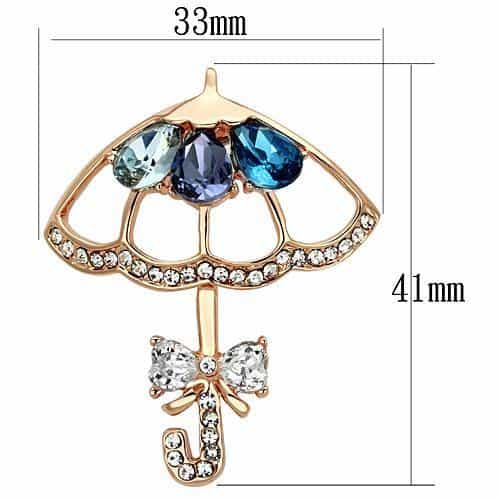 Brass Rose Gold Blue Crystal CZ Umbrella Parasol Bow Brooch view 2