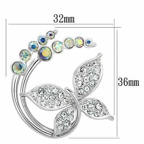 Brass Silver Aurora Borealis Crystal Butterfly Leaf Brooch LO2860 view 2