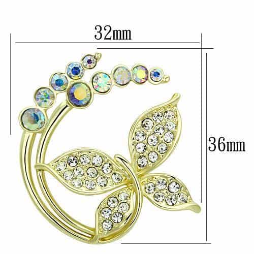 Brass Silver Aurora Borealis Crystal Butterfly Leaf Brooch view 2