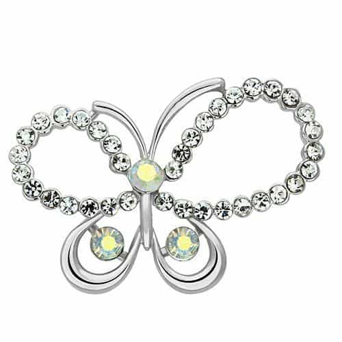 Brass Silver Aurora Borealis CZ Open Wing Butterfly Brooch view 1