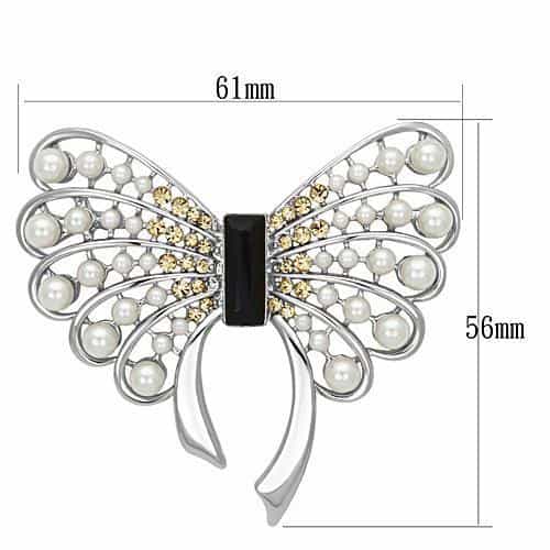 Brass Silver Pearl Champagne Crystal Butterfly Bow Brooch view 2