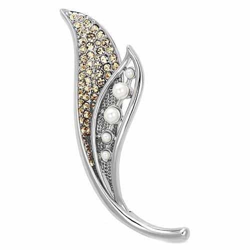 Brass Silver Champagne Crystal Pearl Leaf Vine Brooch LO2876 view 1