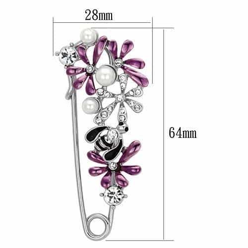 Brass Silver Purple Enamel Pearl CZ Bee Flower Safety Pin Brooch view 2