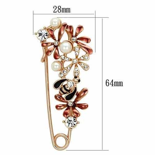 Brass Rose Gold Pearl CZ Bee Flower Safety Pin Brooch view 2