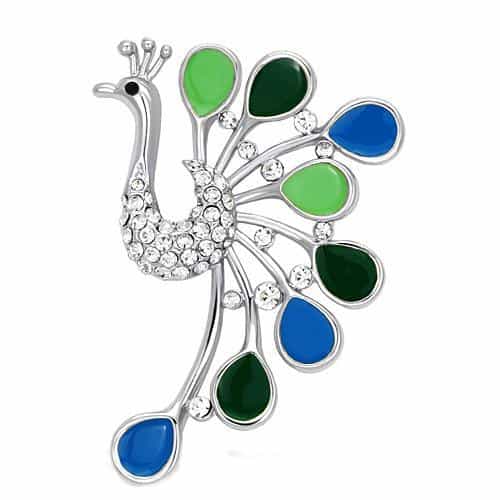 Brass Silver Blue Green Enamel CZ Peacock Fan Brooch view 1