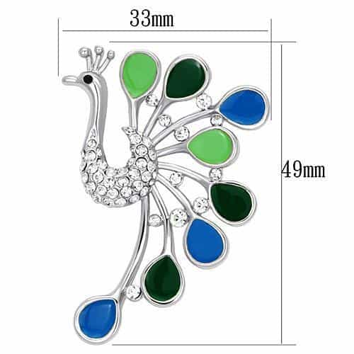 Brass Silver Blue Green Enamel CZ Peacock Fan Brooch view 2